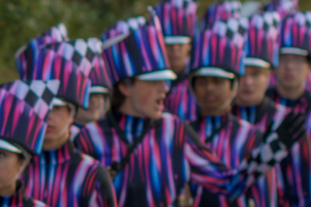 High school colorful purple marching band