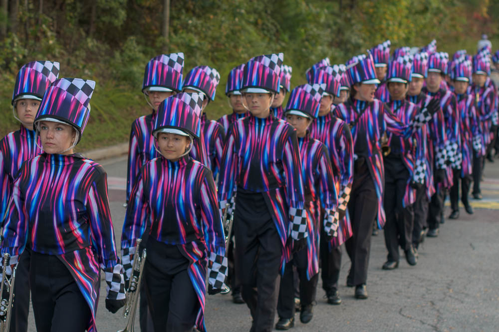 High school colorful purple marching band